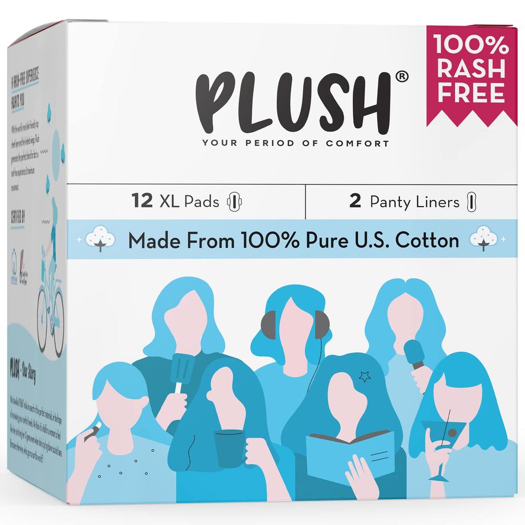 Plush Ultra-Thin Sanitary Napkins for Women, 12 Pcs | Super Absorbent Heavy Flow XXL Pads + 2 Panty Liners | 100% Rash-Free | Pure U.S. Cotton XX