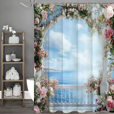 Ocean View Rose Flower Balcony Shower Curtain, Bathroom Decorative Shower Curtain, Waterproof Shower Curtain with Hooks