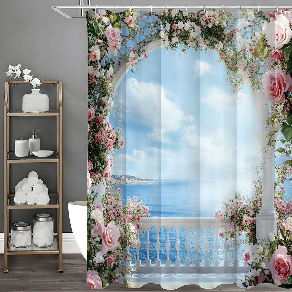 

Занавеска для душа с розовыми цветами и видом на океан для балкона, декоративная занавеска для душа для ванной комнаты, водонепроницаемая занавеска для душа с крючками 150*180cm