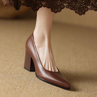 Fashion 2025 New Genuine Leather Pointed Toe Thick High Heels Spring Shoes Grace Wedding Mature Shallow Slip On Comfortable Women Shoes