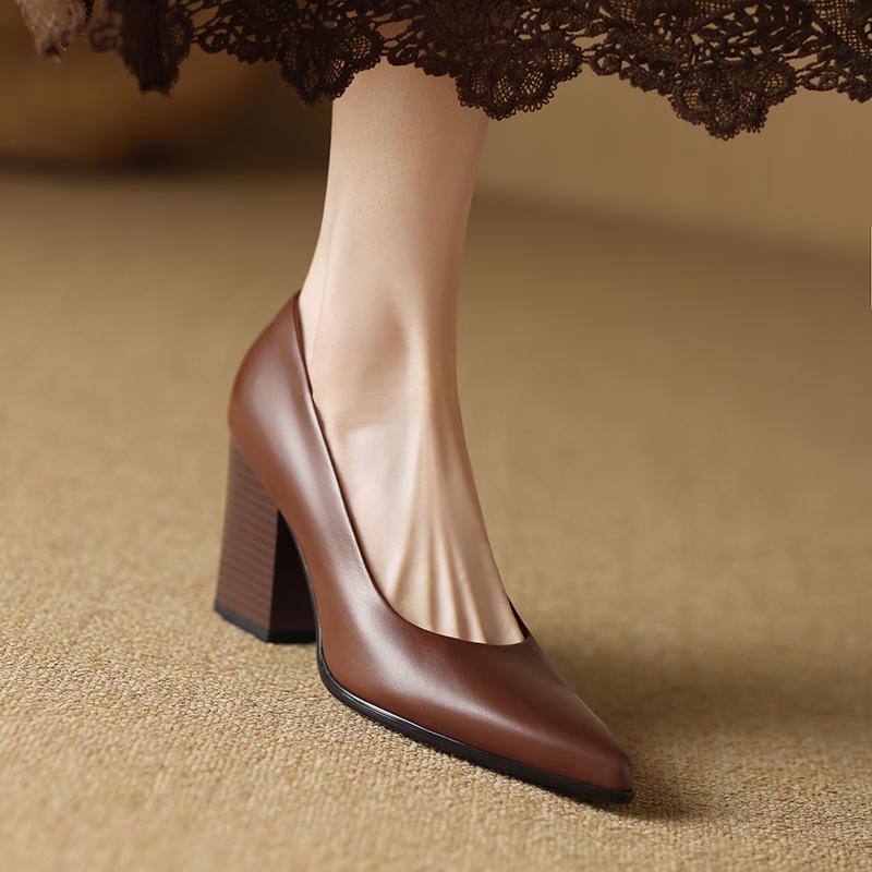 Fashion 2025 New Genuine Leather Pointed Toe Thick High Heels Spring Shoes Grace Wedding Mature Shallow Slip On Comfortable Women Shoes