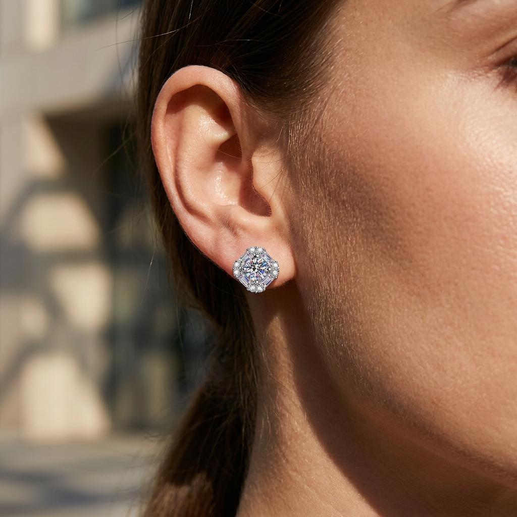 S925 Sterling Silver Platinum Plated Luxury Moissanite Stud Earrings with Square Halo Round Brilliant Cut for Women