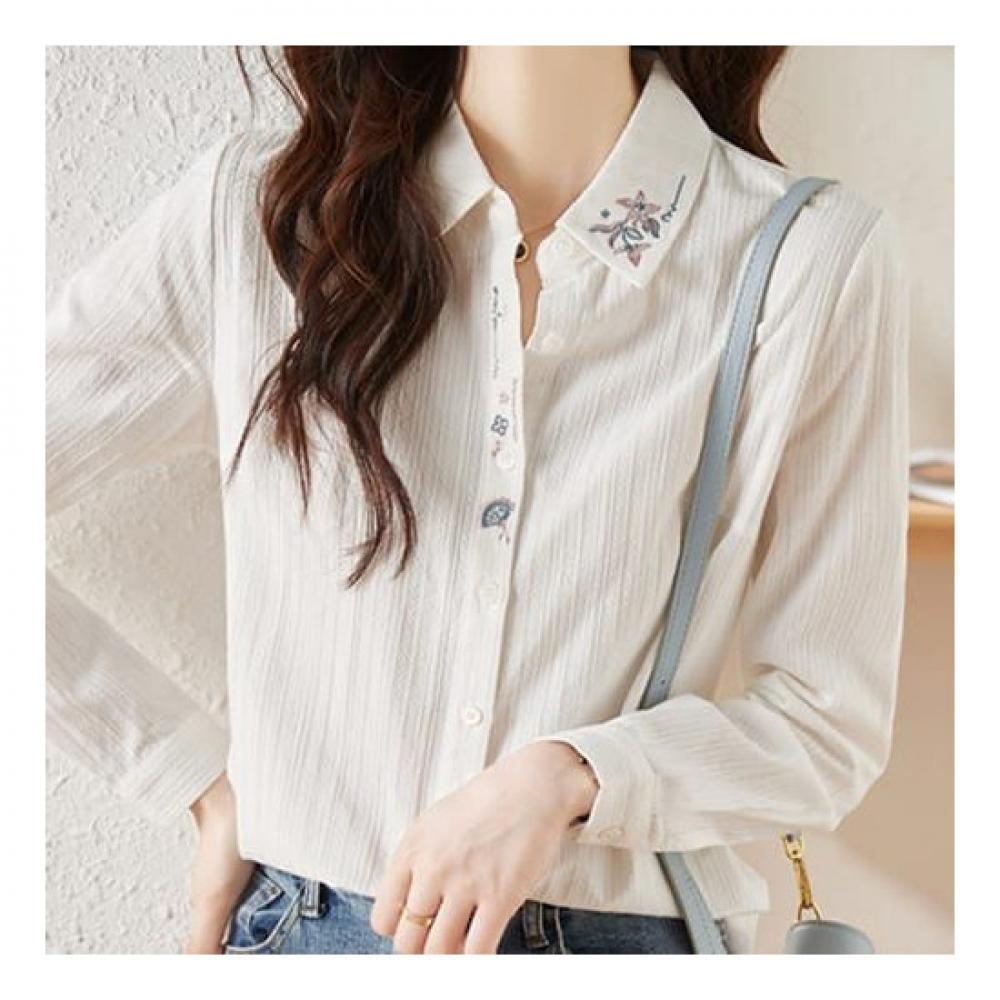 Navava Retro Flower Embroidery Long Sleeve Collar Shirt Nb1849