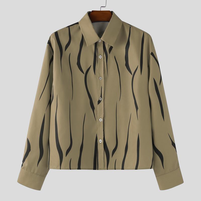 INCERUN Oversized Men Lapel Neck Long Sleeve Striped Casual Loose Shirts
