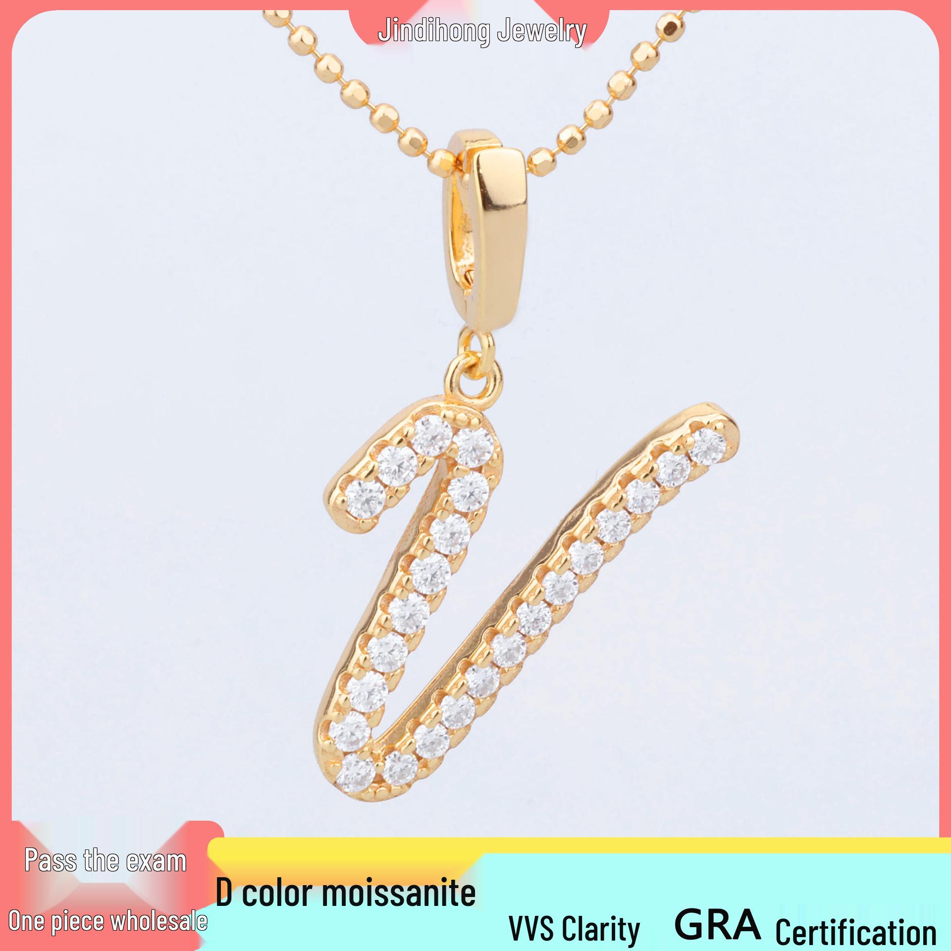 

S925 Sterling Silver D Color Moissanite V Necklace for Women, 26 Letters, Luxury Gift for Girlfriend шампанского/золотой