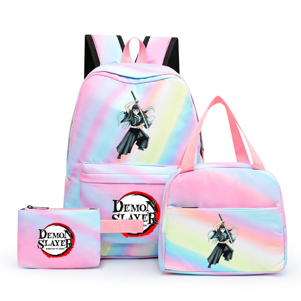 3Pcs/set Cartoon Demon Slayer Printed Backpack with Lunch Bag Pencil Case for Teenager Girl Boy Large Capacity Waterproof Bookbag Gift Mochila