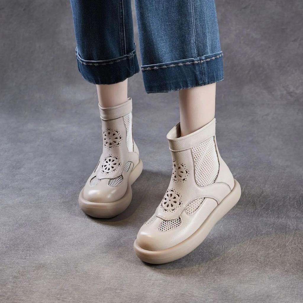 Johnature Genuine Leather Thick Soled Roman Women's Summer Boots Hollow-out Breathable Casual Mesh Short Boots