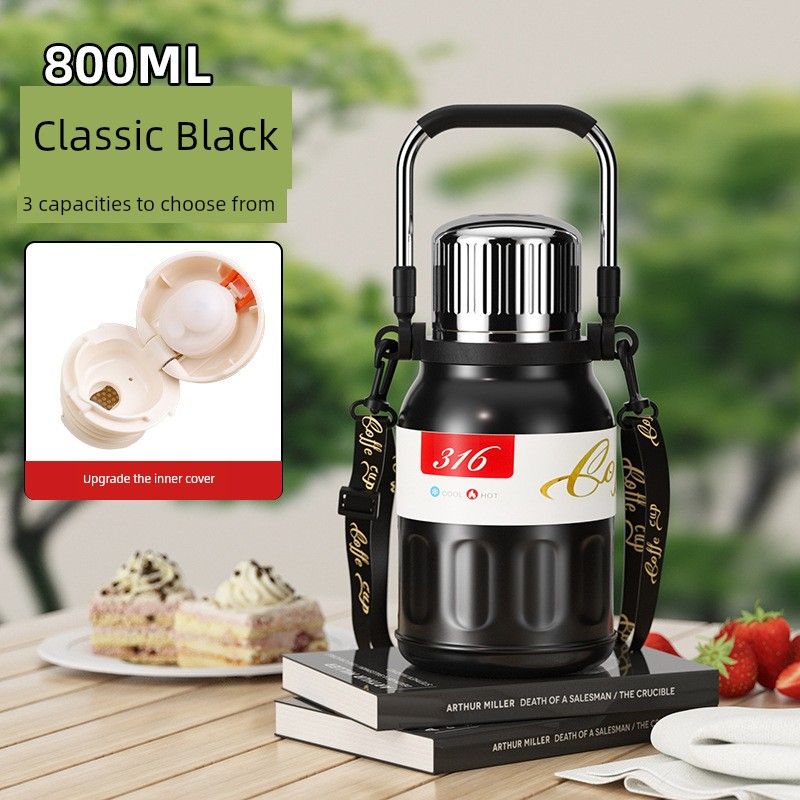 

316 Stainless Steel Vacuum Insulated Thermos with Handle, Suitable for Men and Women, Outdoor Travel, Car Use, Portable Large Capacity Thermos Cup Black 800ml