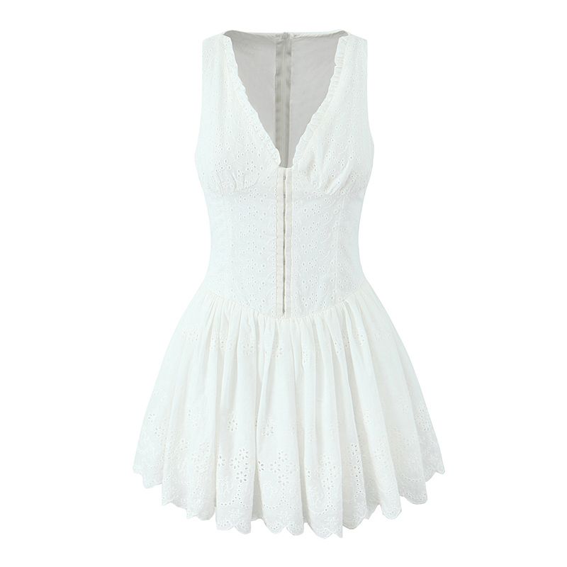 

Delicate Private Collection French Sweet Style Deep V Neck Dress Tight Waist Slim Looking Lace Lace Vest Short Dress White Embroider vest skirt L
