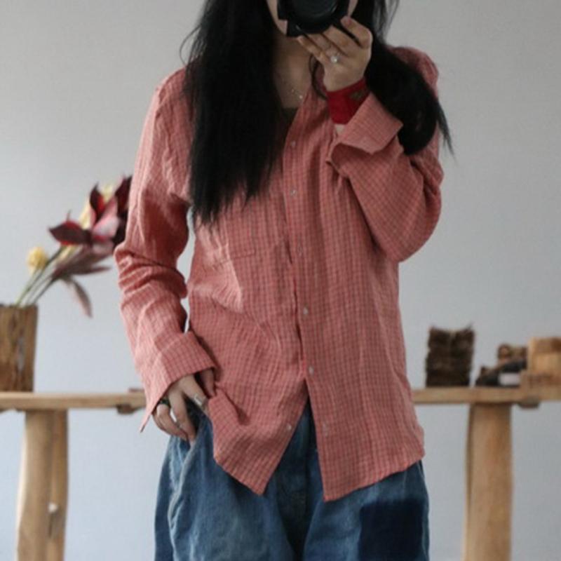 

Johnature Женские рубашки с V-образным вырезом, с длинным рукавом, винтажная клетчатая рубашка, осенняя, в китайском стиле, клетчатая блузка на пуговицах One Size красный