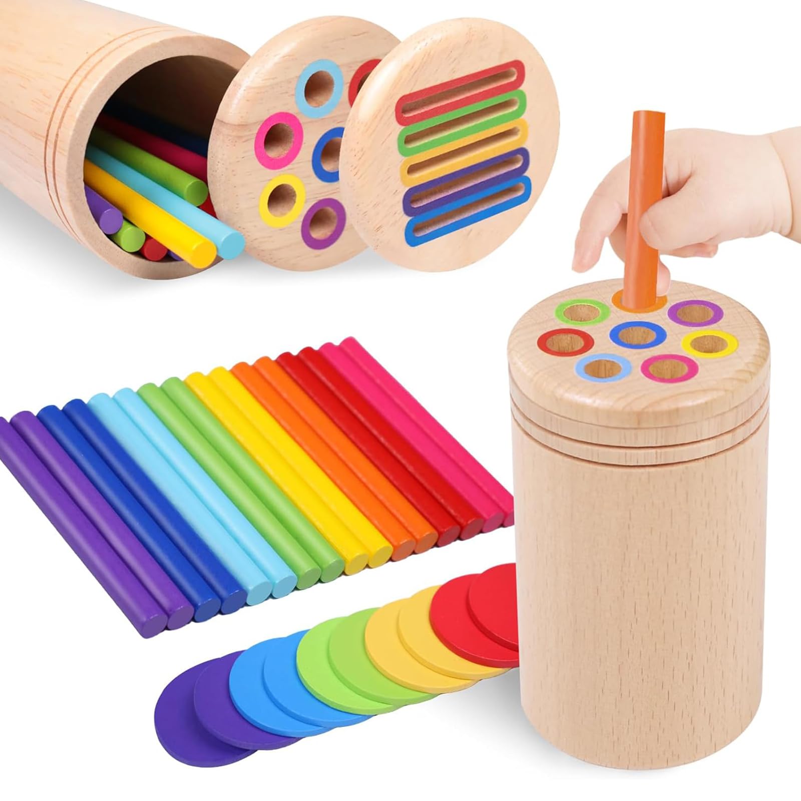 

[Kumomi] Montessori Educational Toy for Ages 1, 2, 3, and 4 - Color Sorting, Promotes Cognitive Development and Hand-Eye Coordination, Wooden Shape