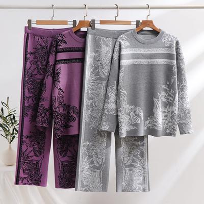 Tuta da donna autunno inverno vintage a vela giungla jacquard lavorato a maglia due pezzi set pantaloni gamba larga tuta maglione caldo spesso