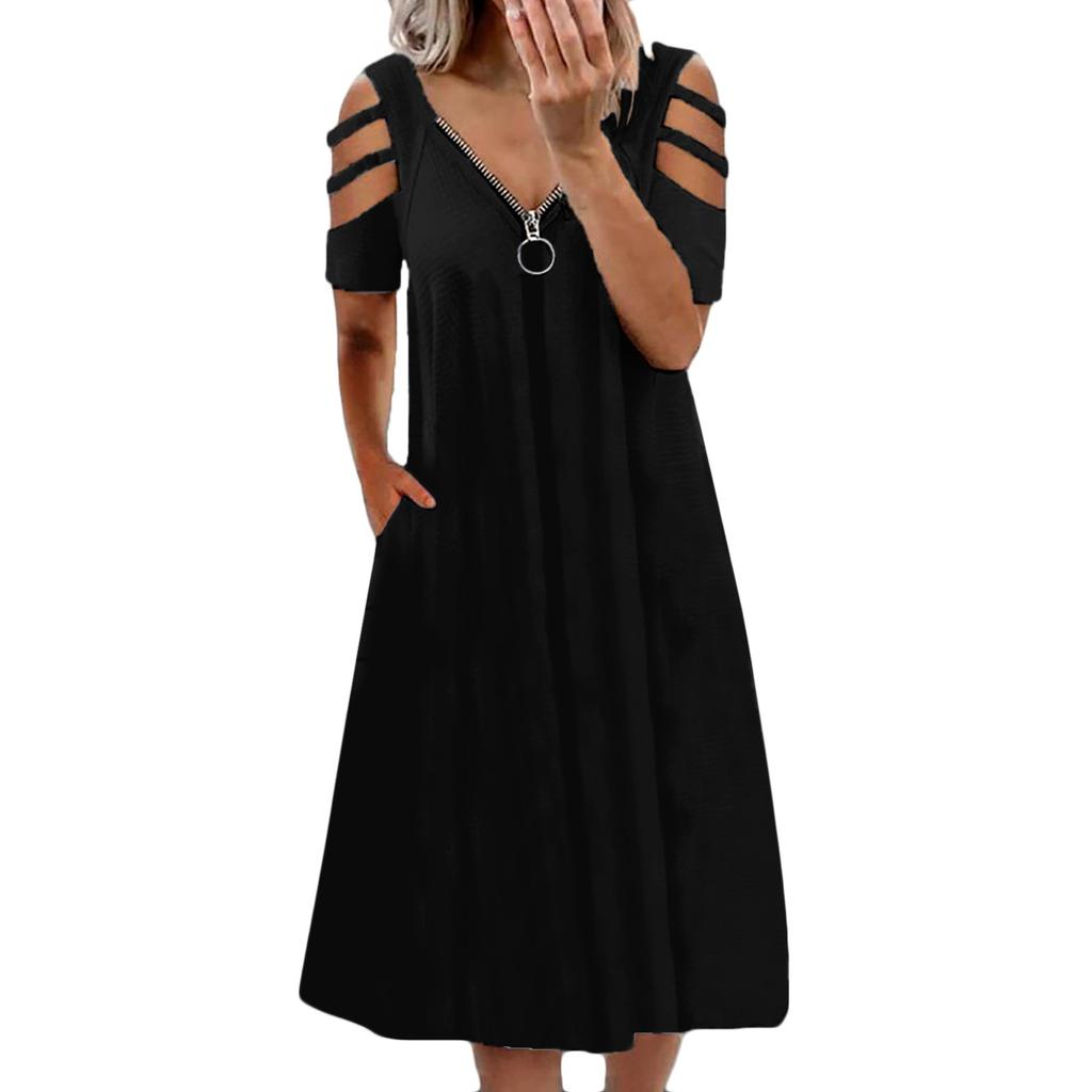 Women's Casual Fashion Solid Color Hollow Short Sleeve Zipper V-Neck Dress