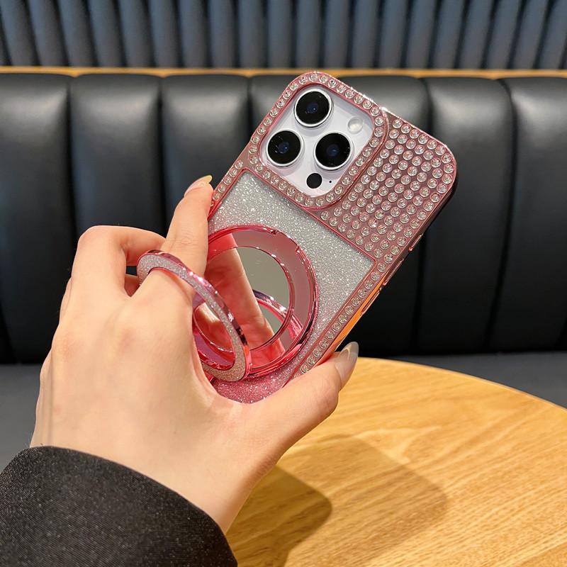 Applicable To Apple 16 ProMax Diamond inlaid Flash Powder Mirror Bracket Mobile Phone Case Magnetic IPhone 15 Luxury Protective Case