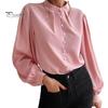 Women Shirt Stand Collar Lantern Long Sleeve Single Breasted Shirt Tops Solid Color Loose Fit Casual Shirt