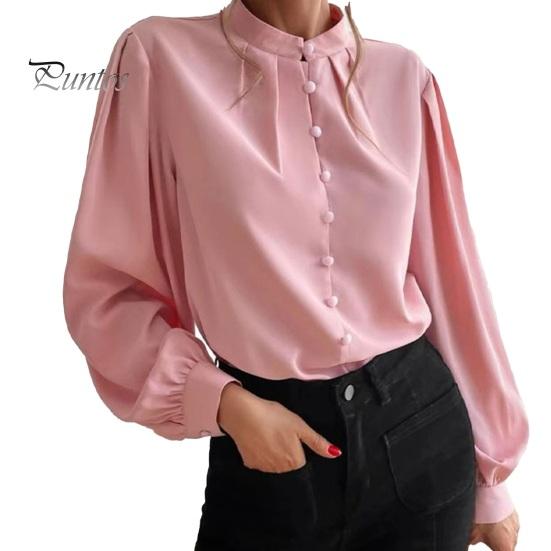 Women Shirt Stand Collar Lantern Long Sleeve Single Breasted Shirt Tops Solid Color Loose Fit Casual Shirt