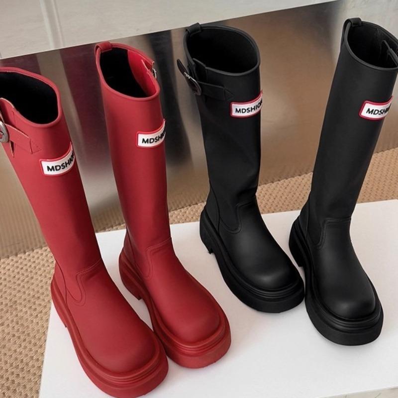 2025 New Leather Version Outdoor Rain Boots Women's High-Cut Knight Boots Knee-High Long Boots Thick Bottom Round Toe