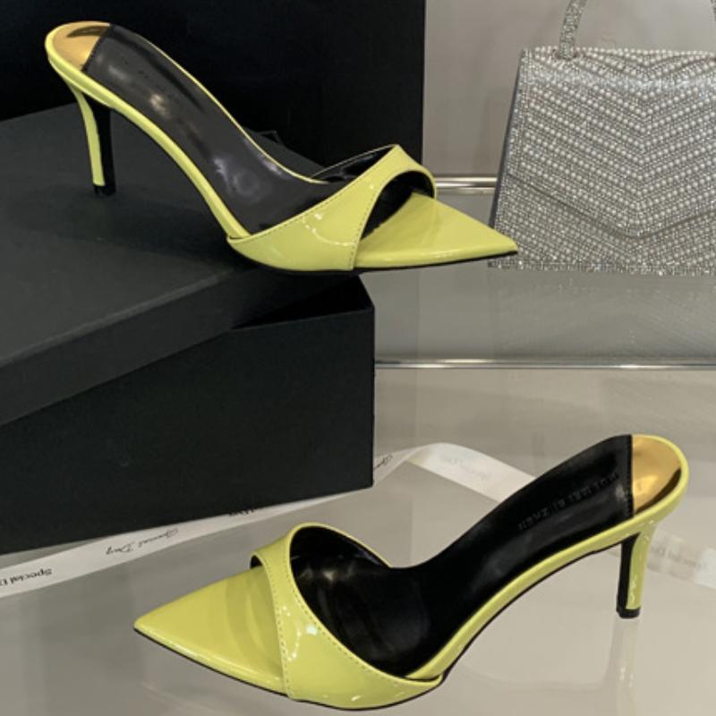 Patent Leather Pointed Toe Fashion Women Slippers Summer Open Toe Slide Sandals Elegant Party Thin Heel Non Slip  Shoes