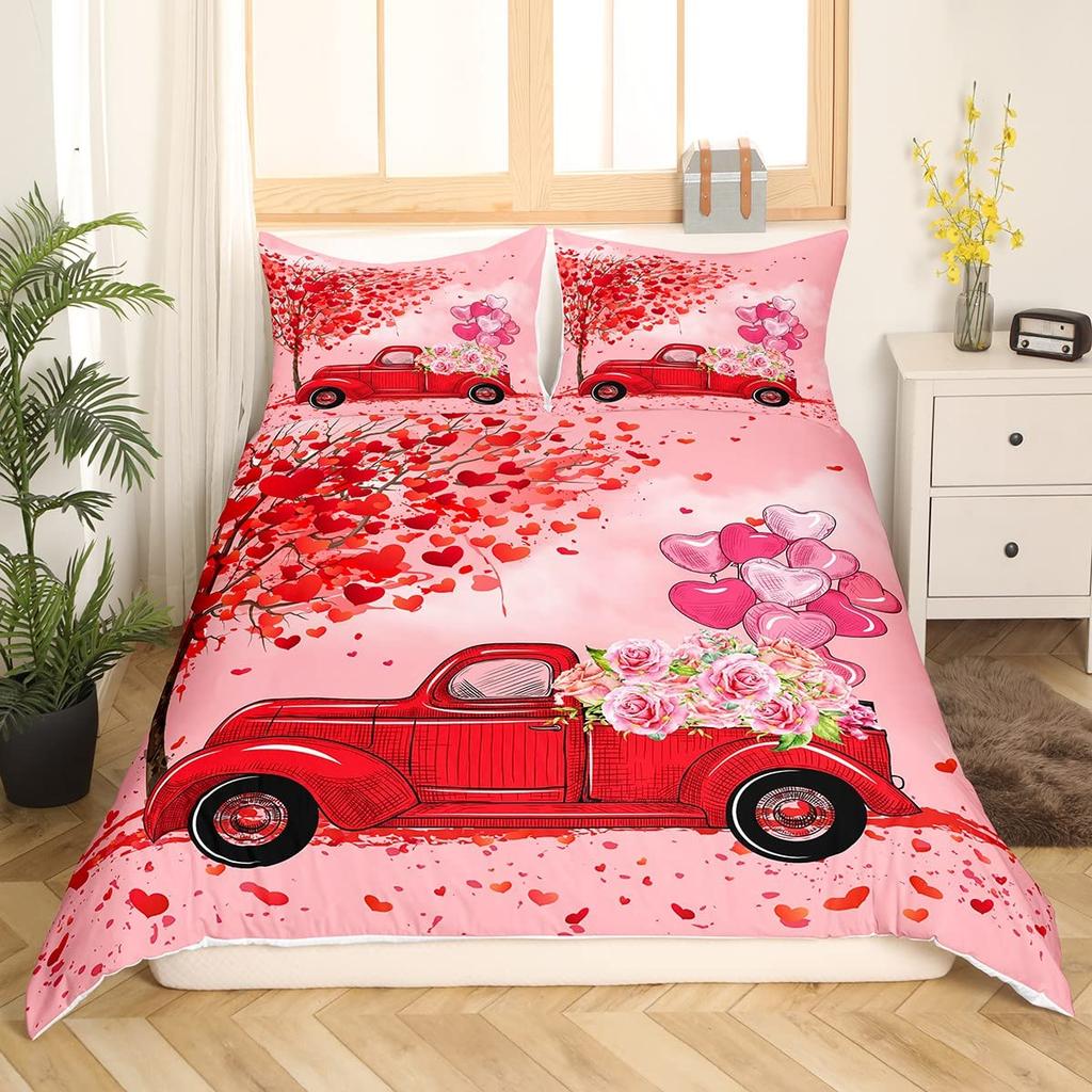 Happy Valentine's Day Duvet Cover King Cute Love Red Heart Shaped Comforter Cover Romantic Pink Couple Style Modern Bedding Set
