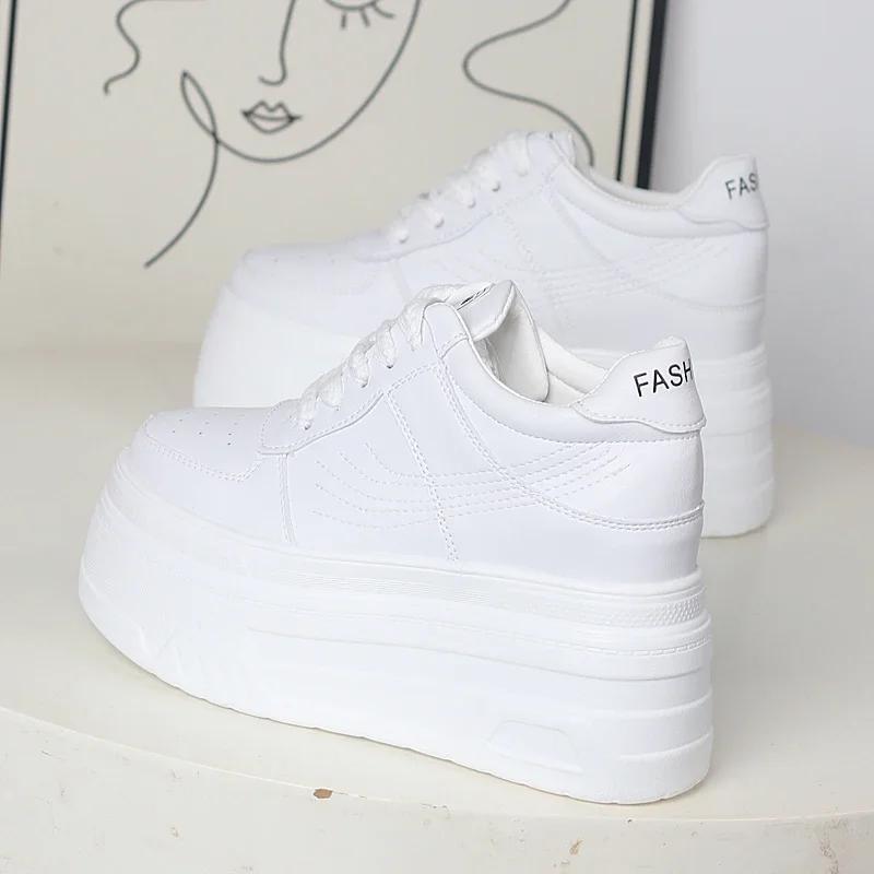 Fashion 12CM Synthetic Women Stable High Platform Chunky Sneakers Fashion Spring Autumn Vulcanize Cow Genuine Leather Lace Up Shoes