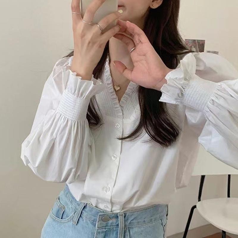 V-neck Shirt Women's Puff Sleeve Blouses Spring Autumn Temperament Korean Style Clothes Tops
