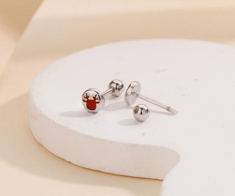 E1504 S999 Silver Elk Stud Earrings: Christmas Twist Screw Bean Design