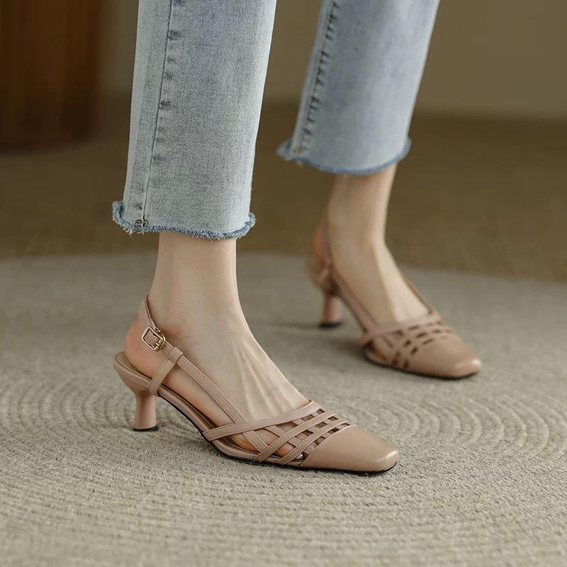 

Giant Skinny~ Soft Leather French Baotou Hollow Sandals Women s 2025 Summer Apricot Versatile Woven Back Hollow Stilettos 39