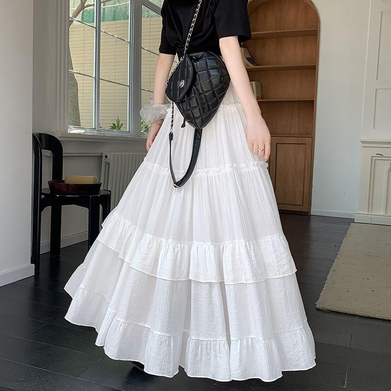 White Tiered Ruffle Hem Skirt High Waist Flowy A-Line Maxi Skirt, Summer Chiffon Layered Skirt with Pleats S белый