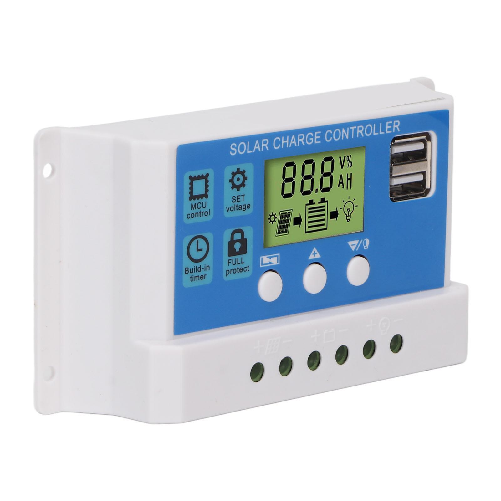 

PWM Solar Charge Controller Panel Intelligent Regulator Adjustable LCD Display 2 USB Port 12V 24V White 10A