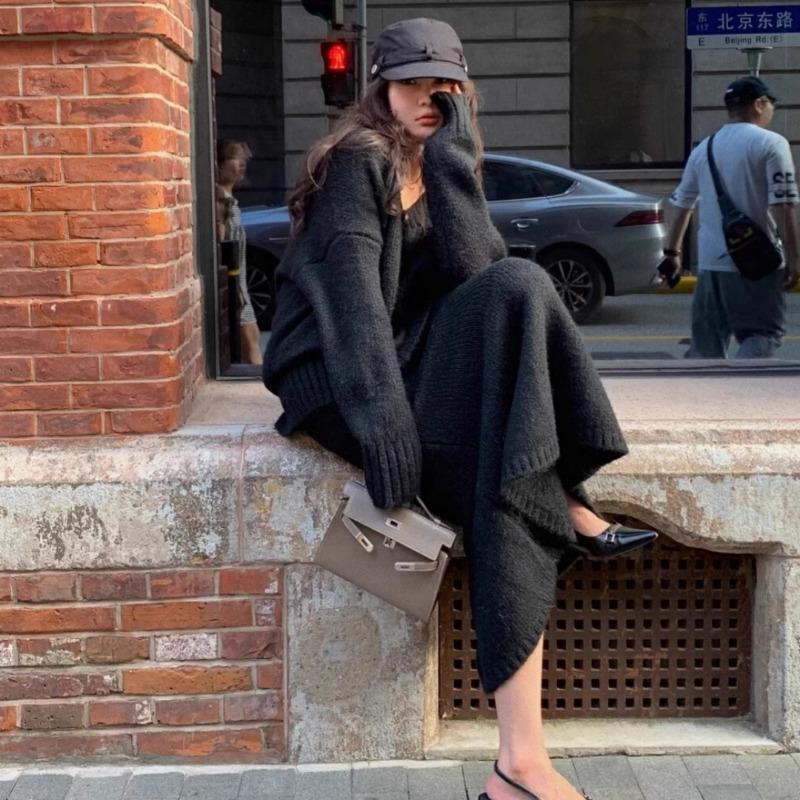 Autumn Winter V-neck Loose Pullover Sweater Set Knitted Elegant Skirts Women Casual Two-piece Set Fashion Outfit Simple Solid Color Office Clothing