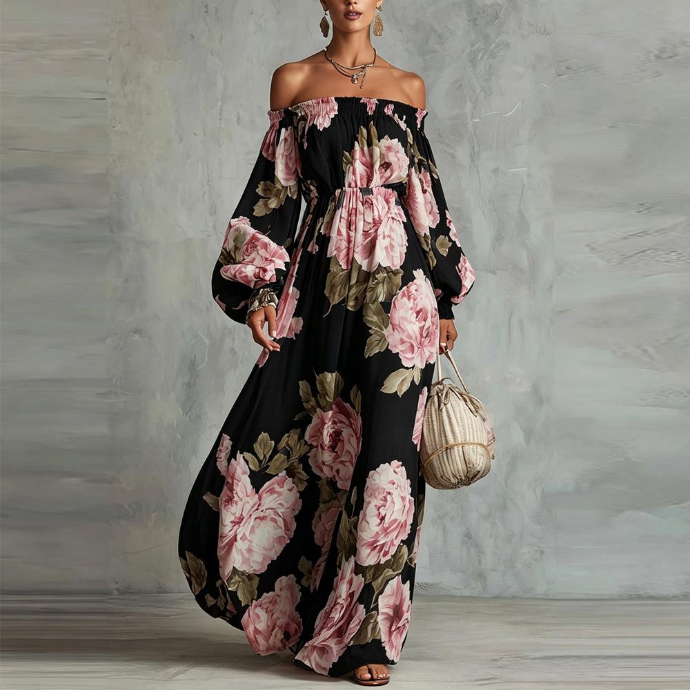 European & American 2026 Fashion Print One-Shoulder Lantern Sleeve Elegant Dress