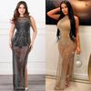 Damen Mode Einfarbige Netz-Ärmelloses Langes Kleid mit Heißbohr-Details