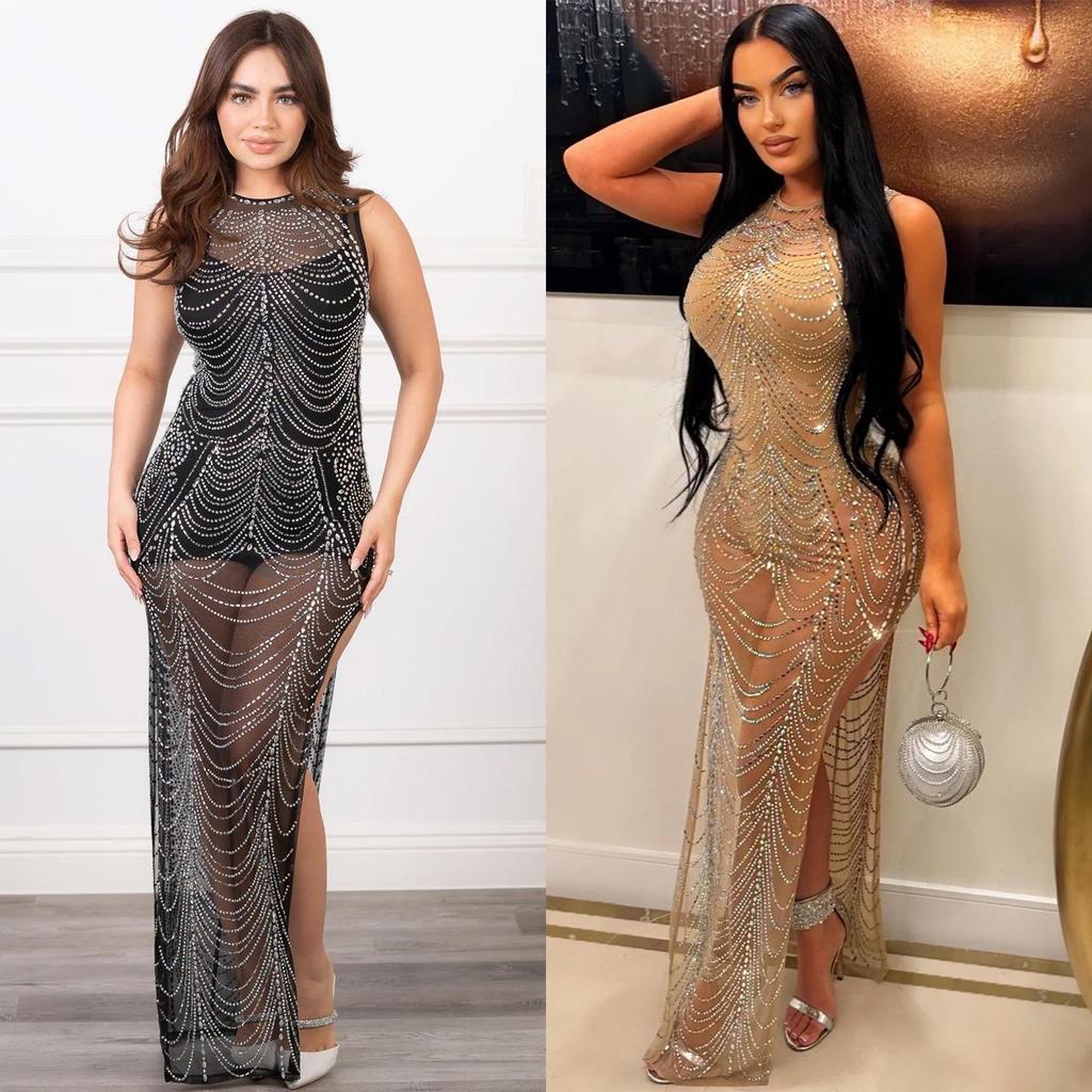 Damen Mode Einfarbige Netz-Ärmelloses Langes Kleid mit Heißbohr-Details