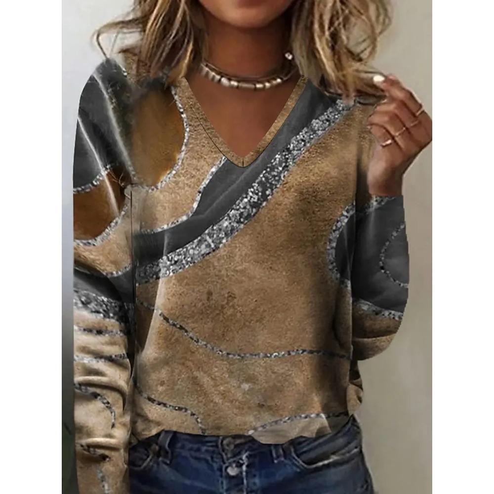 

Women s Elegant V-neck Marble Print Long Sleeve T-shirts Spring and Autumn Round Neck Fashionable Casual T-shirts 5XL