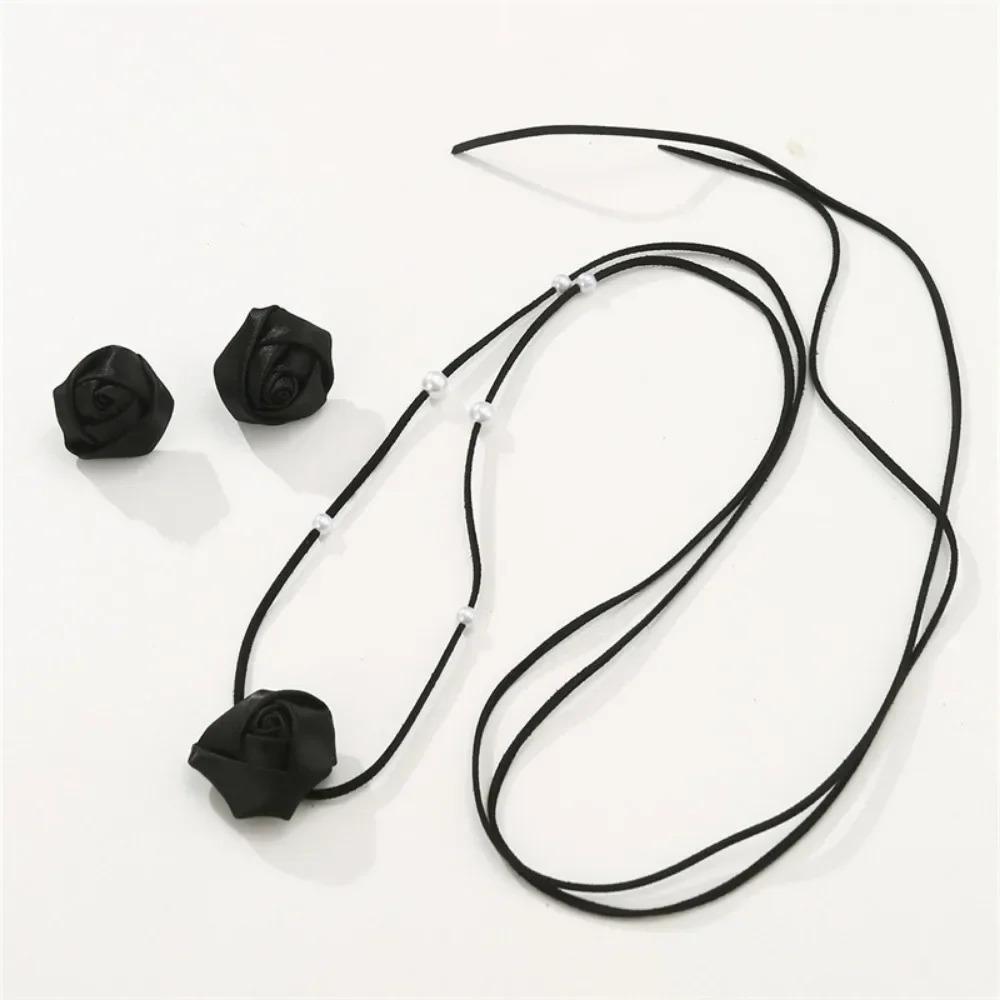 Blue Denim Flower Choker Necklace & Earrings Set for Women, Lace-up Rope Chain Fashion Jewelry