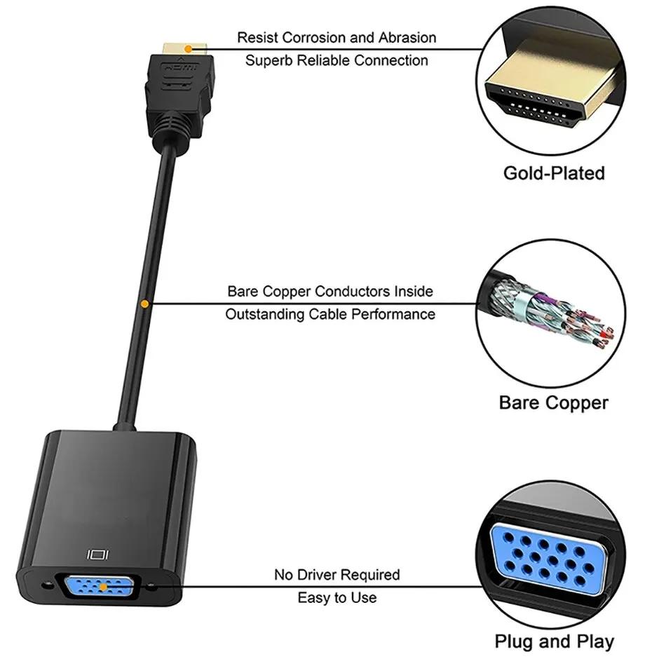 1080P HDMI-compatible To VGA Cable Adapter HDMI-compatible Male To VGA Female Video Converter for PC Laptop TV Projector Monitor