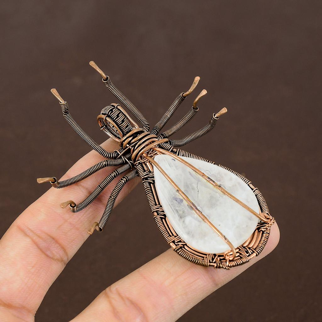 Natural Rainbow Moonstone Gemstone Copper Wire Wrap Spider Pendant 2.56" Y7u11