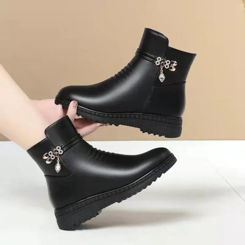 Women Winter Casual Platform Block High Heels Ankle Boots Female Suede Fleece Zipper Buckle Warm Snow Boots Shoes