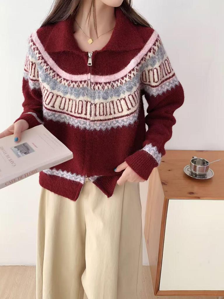 Korean Retro Fair Isle Knit Cardigan - Women's Autumn/Winter 2026 Loose Style