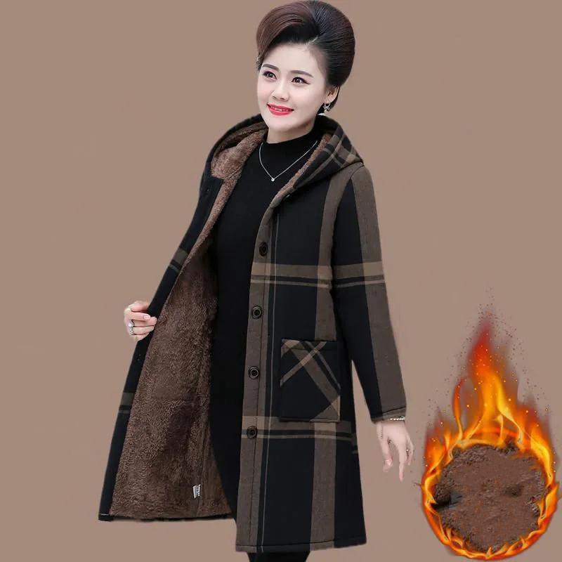 Women's Mid Length Fleece Lined Warm Jacket Mom Hooded Cold Proof Plus Size Casual Outerwear