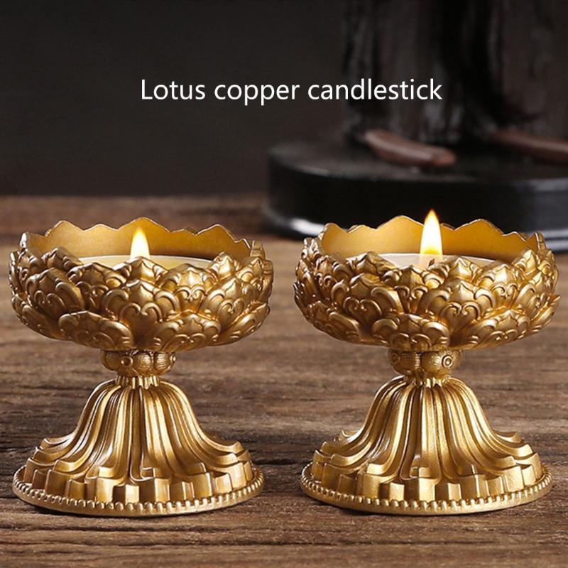 Flower Candle Holder Brass Butter Lamp Buddhist Temple Candlestick Base Religious Candle Cup Desktop Antique Decoration