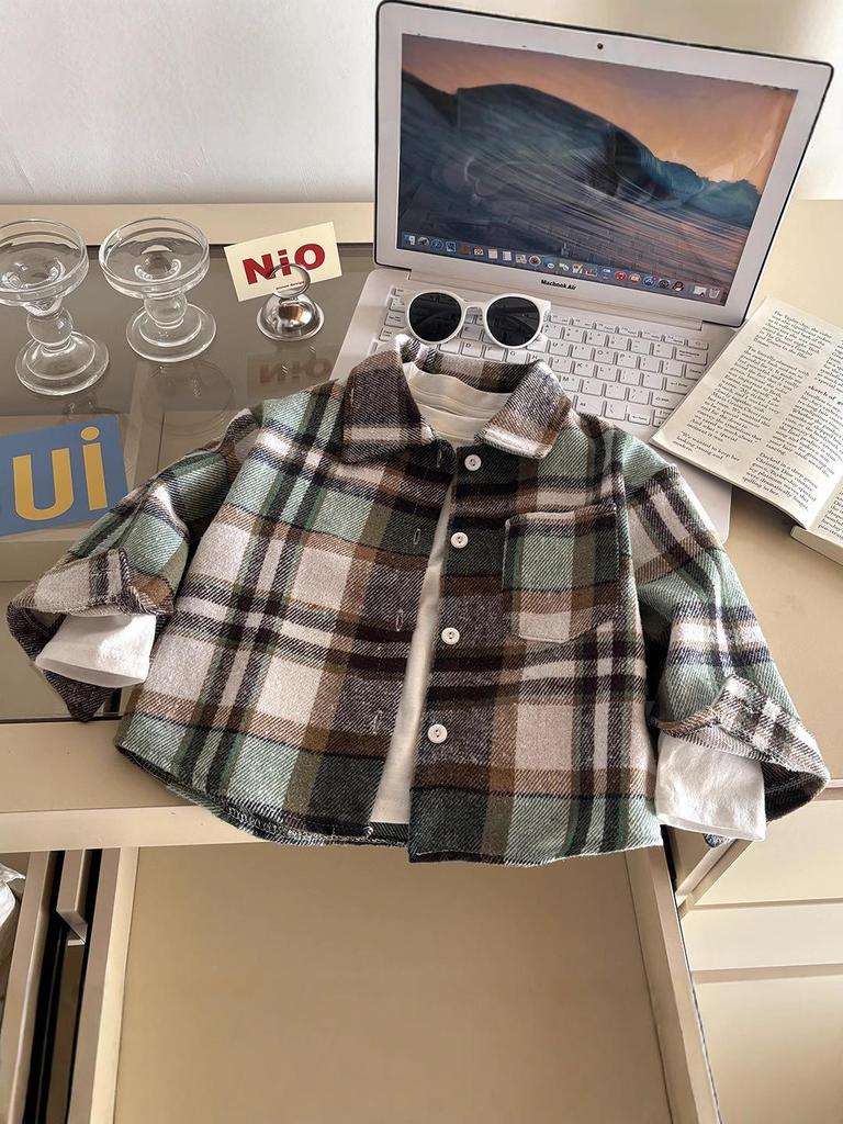 Kids' Retro Plaid Long-Sleeve Shirt with Lapel Collar - Unisex Autumn Cardigan Outerwear