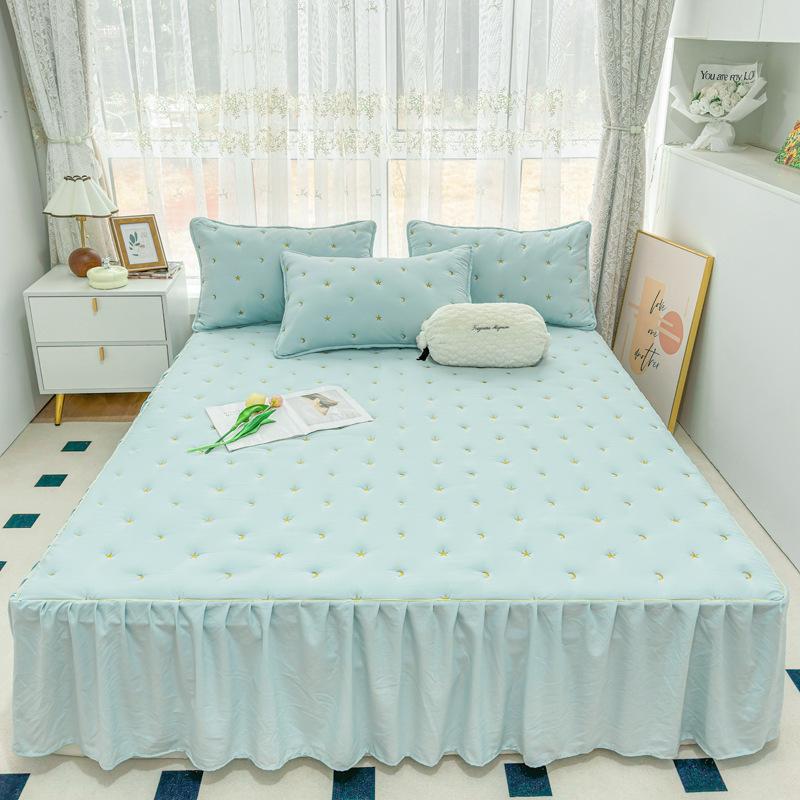 Solid color embroidery thickened bed skirt clipped with cotton soft and vertical elegant without deformation bed skirt