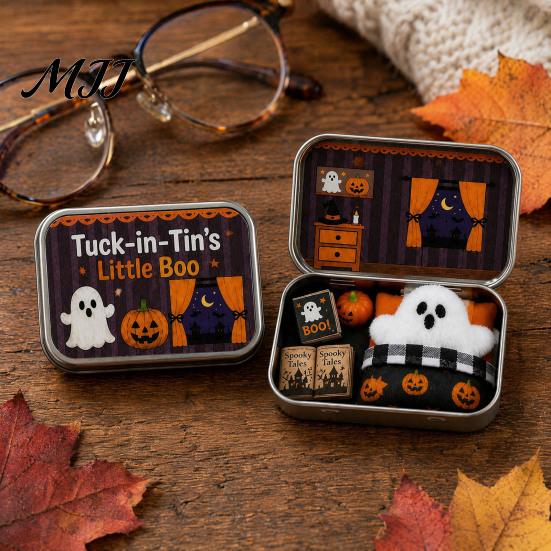 Halloween Storage Box Mini Tin Gift, Plush Ghost with Haunted House Spooky Unboxing Experience Scene, Collectible Micro Theater Gift for Kids,