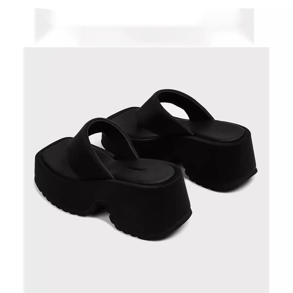 2025 Summer New Thick-soled Muffin Shoes Waterproof Table Super High Heel Black Wedge Heel Clip-on Flip-flops High-heeled Sandals