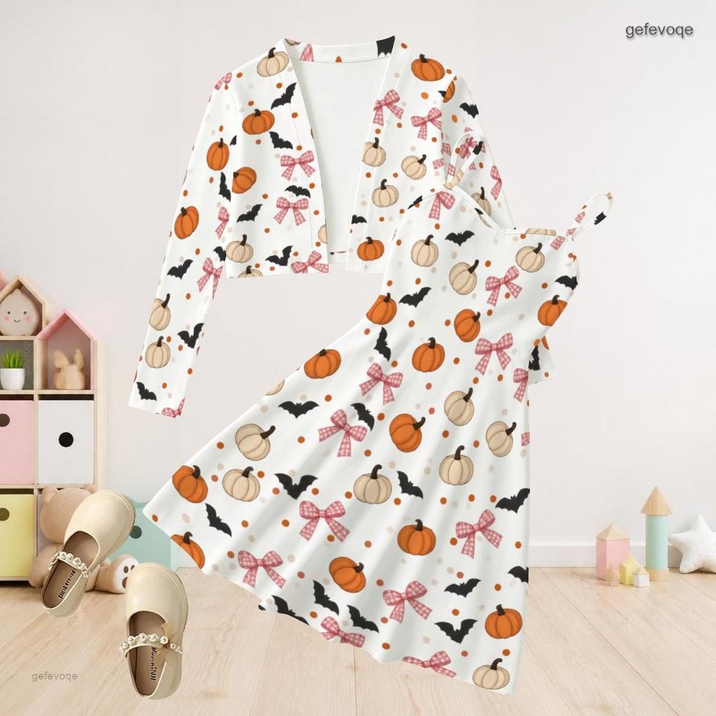 Girls White Halloween Two Piece Outfit Long Sleeve Cardigan Sleeveless Dress Pumpkin Bat Bow Print