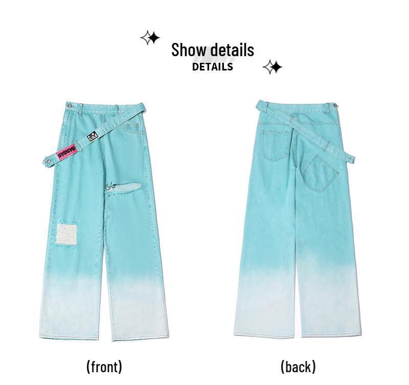 Damen Sommer Retro Mintgrüne Weitbeinige Zerrissene Jeans