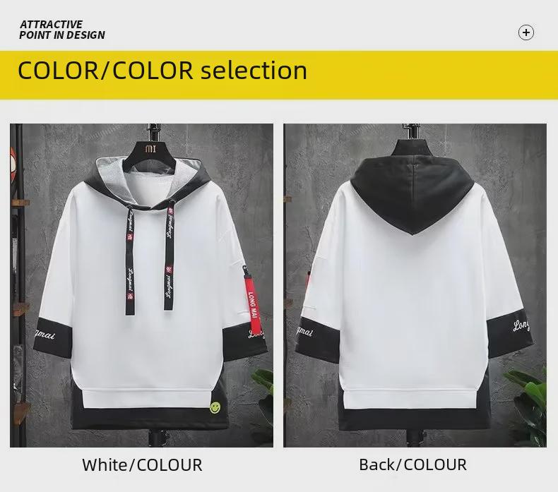 Trendy Hong Kong-Style Hooded Two-Piece Sweatshirt: Youth Loose-Fit 3/4 Sleeve Summer Top