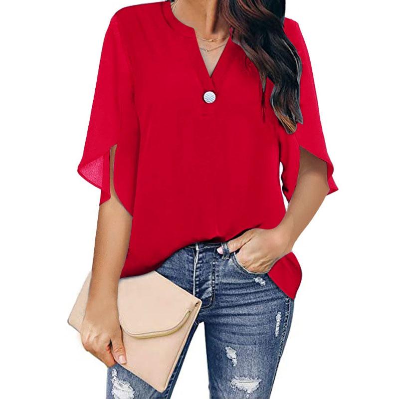Summer Tops Plus Size Fashion Clothes Women's Casual Half Sleeve Tops Ladies Flare Sleeve Loose Tops Solid Color V-neck Chiffon Blouse