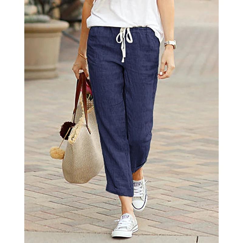 Women's Casual Cotton Hemp Pants Pure Color High Waist Ankle Simple Spring Autumn Female Pocket Pant